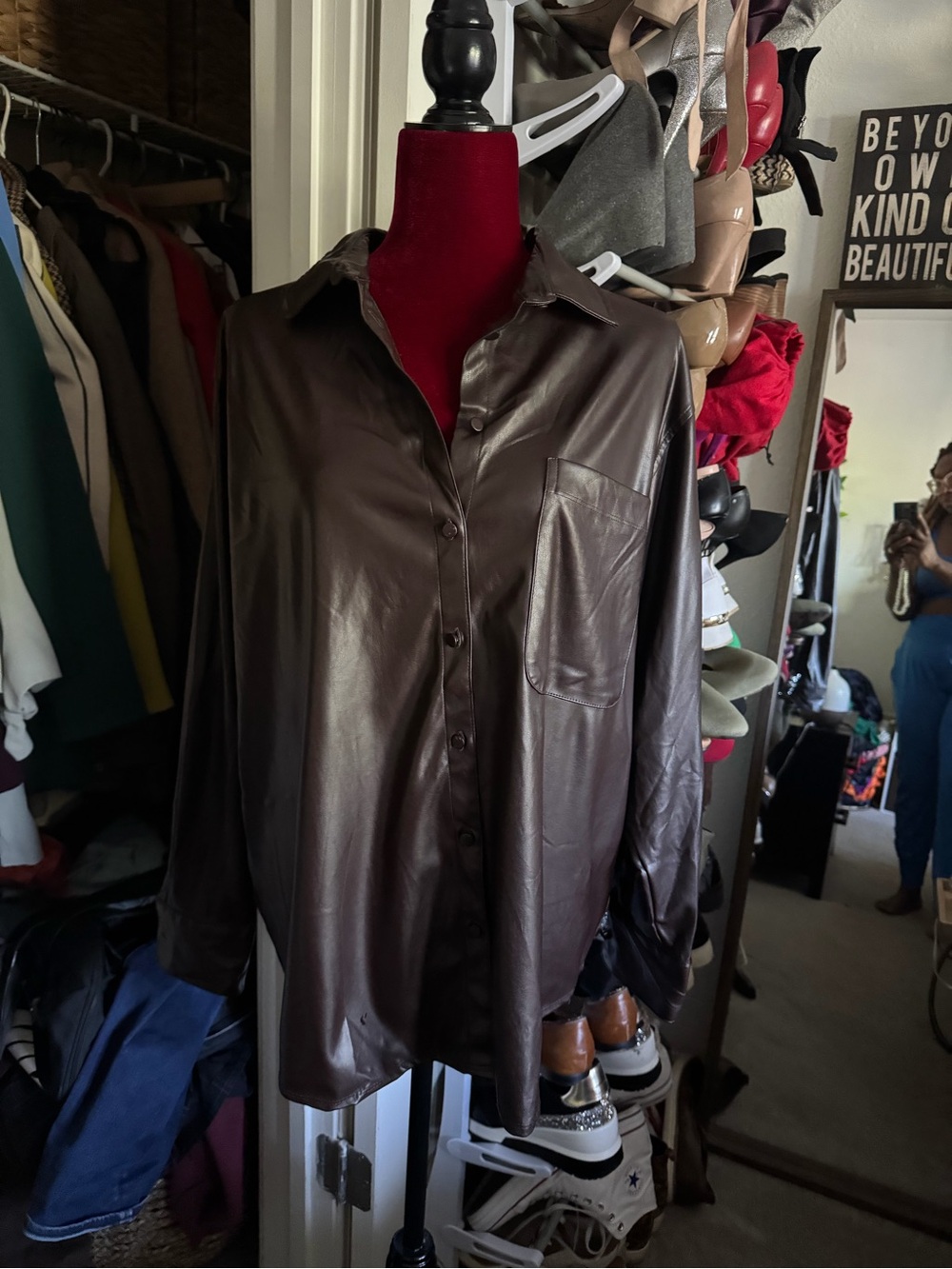 a new day Faux Leather Button-Down Shirt - Dark Brown - Picture 2 of 8